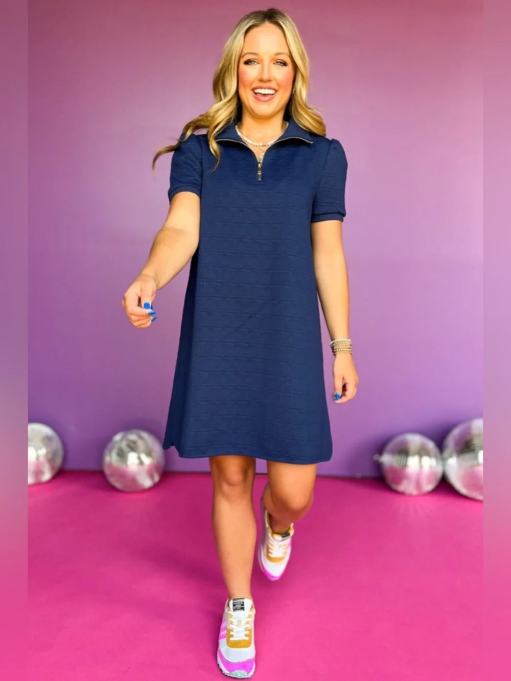 SSYS The Everyday Collared Quilted Quarter Zip Puff Sleeve Dress Navy Size M - Picture 4 of 9